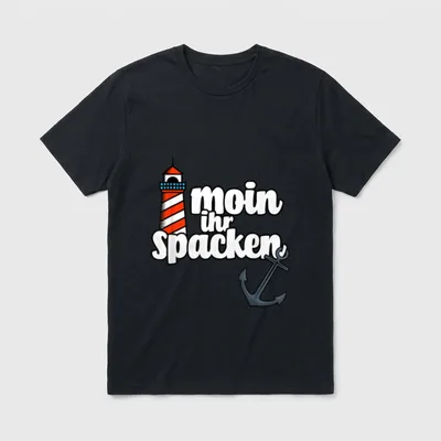 Humor auf Norddeutsch Moin T-Shirt – Leuchtturm, Anker und Schriftzug „moin ihr Spacken“ – Klassisches T-Shirt in Schwarz