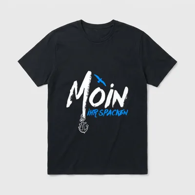 Moin Ihr Spacken Nordsee Norden T-Shirt – Pinselschrift „Moin Ihr Spacken“, Möwe und Anker – Klassisches T-Shirt in Schwarz