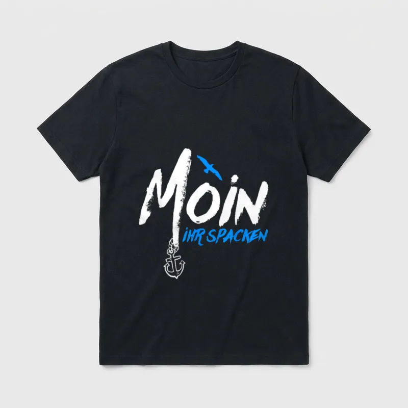 Moin Ihr Spacken Nordsee Norden T-Shirt – Pinselschrift „Moin Ihr Spacken“, Möwe und Anker – Klassisches T-Shirt in Schwarz