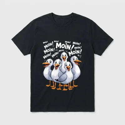 Lustige Norddeutsche Begrüßung Moin T-Shirt – Fünf Möwen rufen Moin in zwölf Schriftgrößen – Klassisches T-Shirt in Schwarz