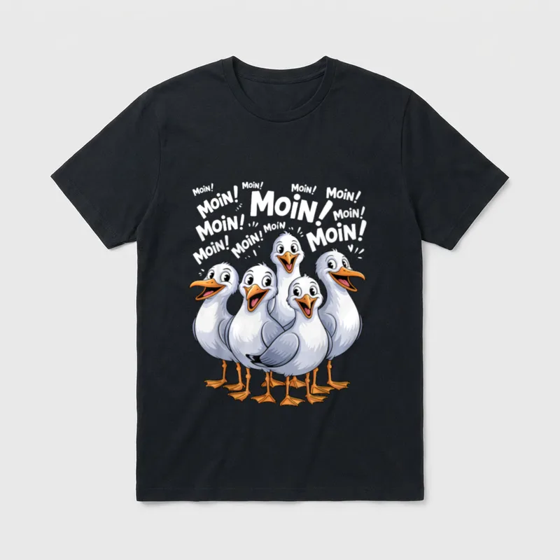 Lustige Norddeutsche Begrüßung Moin T-Shirt – Fünf Möwen rufen Moin in zwölf Schriftgrößen – Klassisches T-Shirt in Schwarz