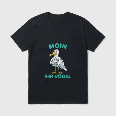Moin Ihr Vögel Witzig T-Shirt – Mürrische Möwe mit Schriftzug „Moin Ihr Vögel“ – Klassisches T-Shirt in Schwarz