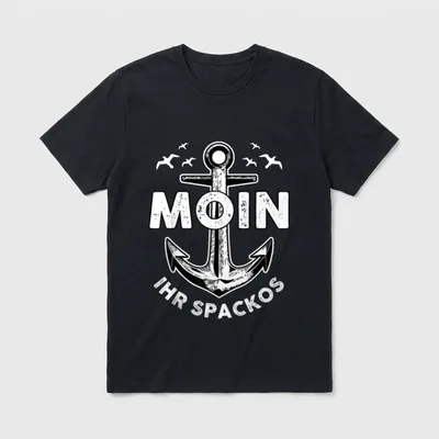 Moin ihr Spacken Spacko T-Shirt – Anker mit Möwen, Schriftzug MOIN IHR SPACKOS – Klassisches T-Shirt in Schwarz
