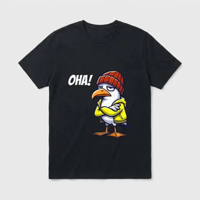 Lustige Nordsee Möwe Oha T-Shirt – Grummelige Möwe im Ölzeug ruft „OHA!“ – Klassisches T-Shirt in Schwarz