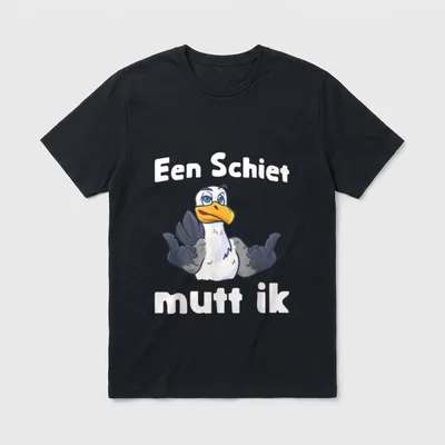 Een Schiet Mutt Ik! T-Shirt – Möwe mit Daumen hoch, Spruch „Een Schiet mutt ik“ – Klassisches T-Shirt in Schwarz