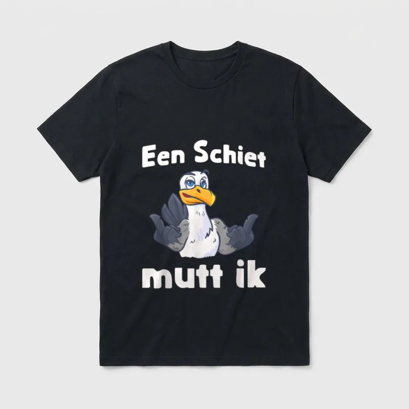 Een Schiet Mutt Ik! T-Shirt – Möwe mit Daumen hoch, Spruch „Een Schiet mutt ik“ – Klassisches T-Shirt in Schwarz