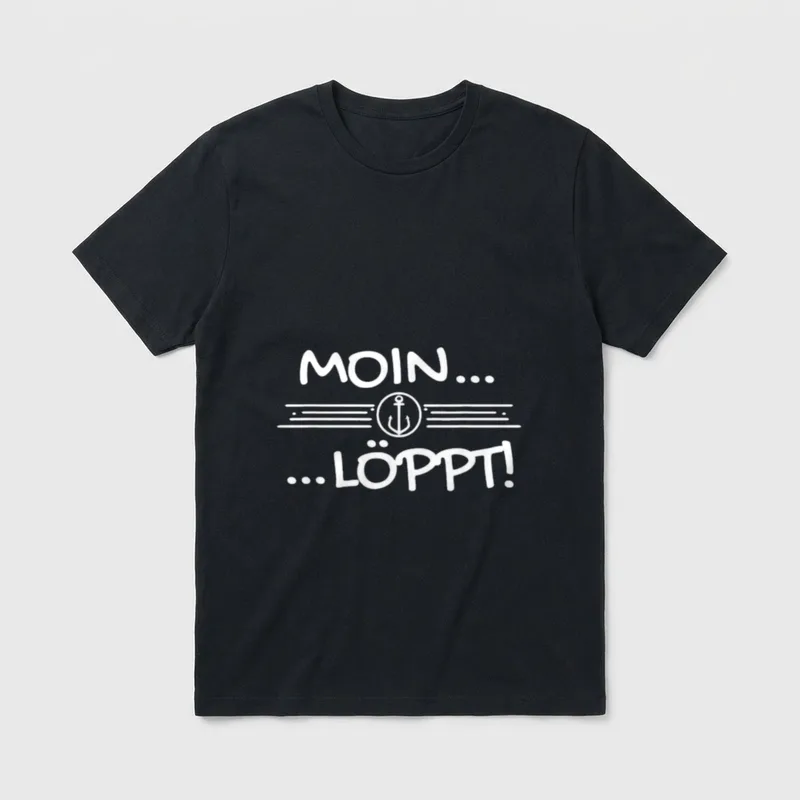 Moin Löppt Lustiges Plattdeutsch T-Shirt – Schriftzug „Moin... ...Löppt!“ mit Anker-Symbol – Klassisches T-Shirt in Schwarz