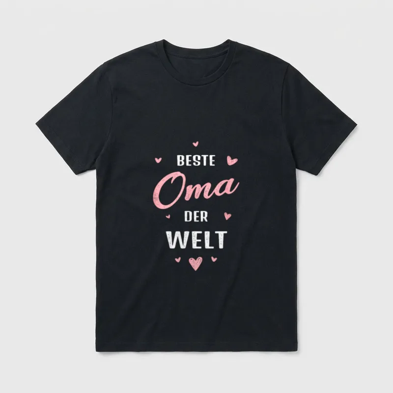 Beste Oma der Welt Großmutter T-Shirt – Schriftzug „Beste Oma der Welt“ mit rosa Herzchen – Klassisches T-Shirt in Schwarz