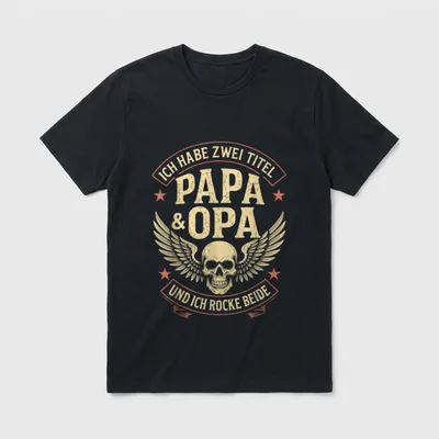 Opa Papa Rock T-Shirt – T-Shirt mit Schädel, Flügeln und Spruch über Papa und Opa Rollen – Klassisches T-Shirt in Schwarz