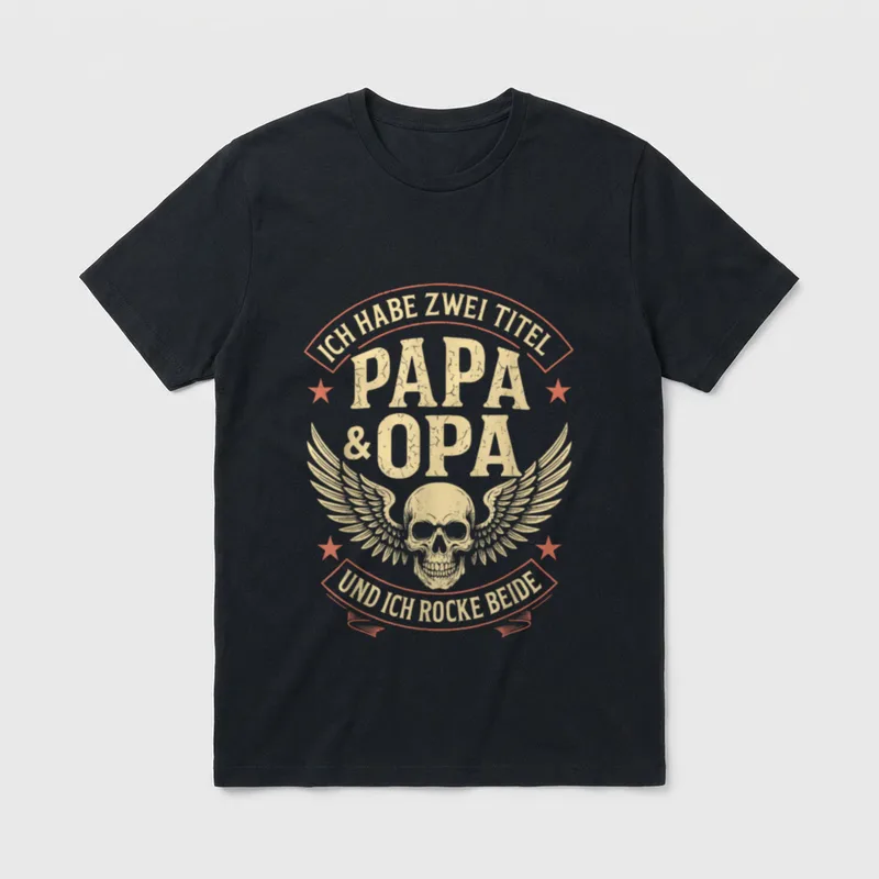 Opa Papa Rock T-Shirt – T-Shirt mit Schädel, Flügeln und Spruch über Papa und Opa Rollen – Klassisches T-Shirt in Schwarz