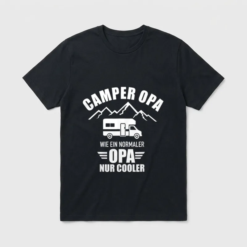 Cooler Camper Opa Spruch T-Shirt – Wohnmobil vor Bergen, Spruch „Camper Opa nur cooler“ – Klassisches T-Shirt in Schwarz
