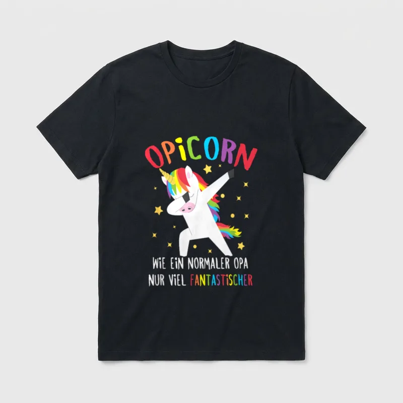 Opa Einhorn Großvater Opicorn T-Shirt – Dabbendes Einhorn mit Sternen, Text „Opicorn“ – Klassisches T-Shirt in Schwarz