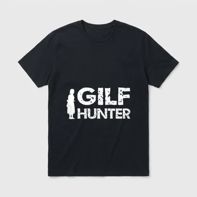 Sarkasmus Gilf Jäger T-Shirt – Schriftzug „GILF HUNTER“ neben Silhouette einer älteren Frau – Klassisches T-Shirt in Schwarz