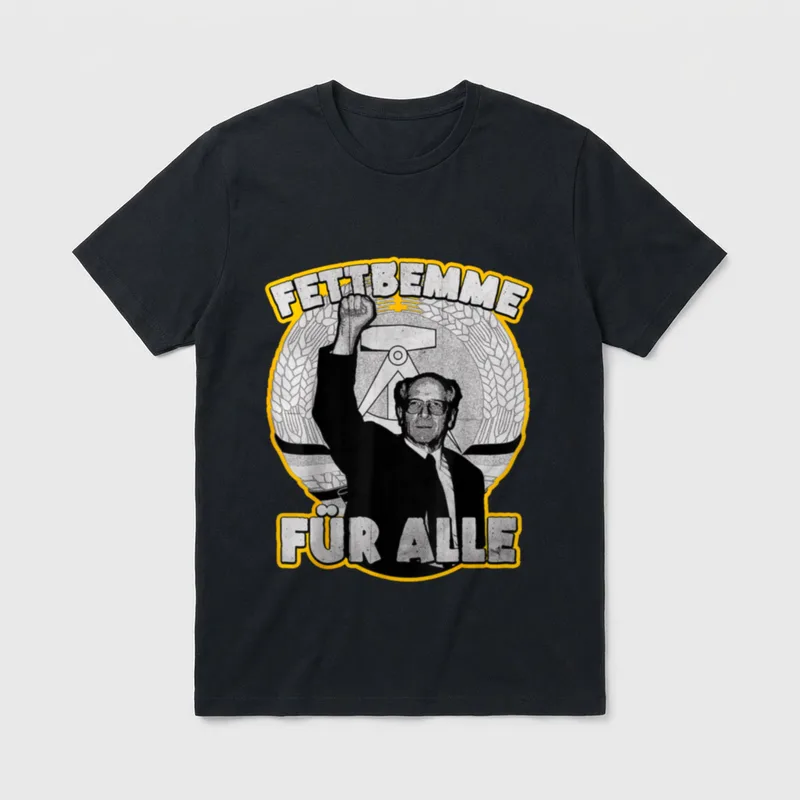 Fettbemme für alle Osten T-Shirt – DDR-Wappen, Mann mit Faust, Schriftzug Fettbemme für alle – Klassisches T-Shirt in Schwarz