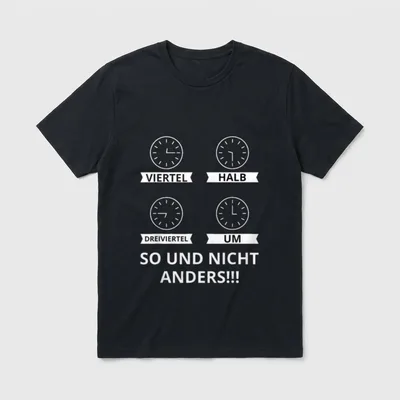 Ostdeutsche Uhrzeit Witzige Ossi T-Shirt – Vier Uhren mit „Viertel, Halb, Dreiviertel, Um“ – Klassisches T-Shirt in Schwarz