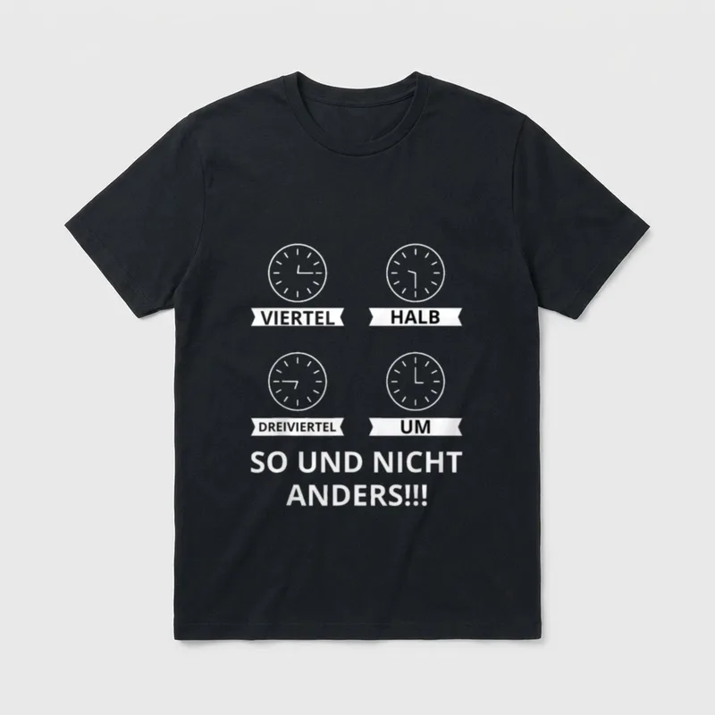 Ostdeutsche Uhrzeit Witzige Ossi T-Shirt – Vier Uhren mit „Viertel, Halb, Dreiviertel, Um“ – Klassisches T-Shirt in Schwarz