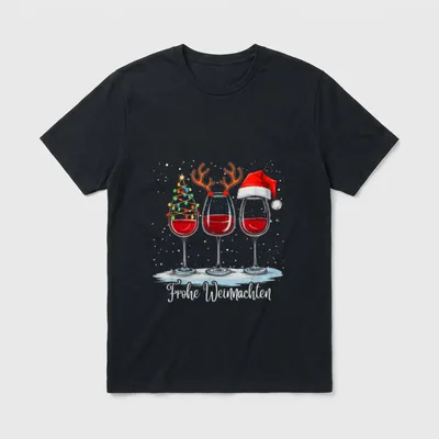 Partner T-Shirt Weihnachten – Drei Weingläser mit Deko und Schriftzug „Frohe Weinnachten“ – Klassisches T-Shirt in Schwarz