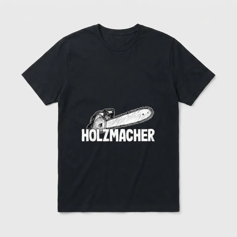 Lustiges Kettensägen Holz Holz T-Shirt – Gezeichnete Kettensäge mit Schriftzug „Holzmacher“ – Klassisches T-Shirt in Schwarz