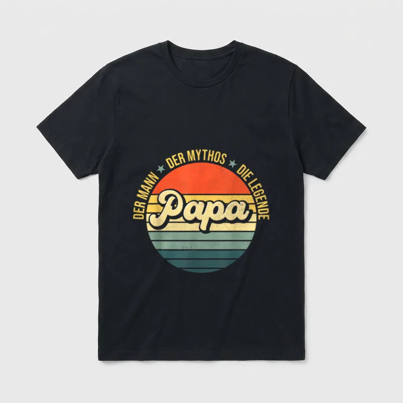 T-Shirt bester Papa – Rundes Retro-Emblem mit Schriftzug Papa und Sonnenuntergang – Klassisches T-Shirt in Schwarz