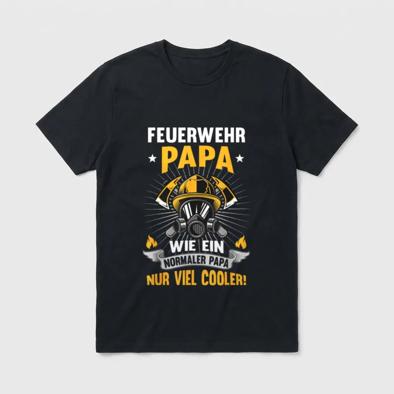 Feuerwehr Papa T-Shirt – Feuerwehr Papa Druck mit Atemschutzmaske, Helmen und Axt – Klassisches T-Shirt in Schwarz