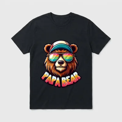 Papa mit Kindern T-Shirt – Bär mit Kappe und Regenbogen-Sonnenbrille mit Text PAPA BEAR – Klassisches T-Shirt in Schwarz