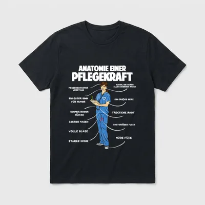 Pflege T-Shirt Damen – Gezeichnete Pflegekraft mit Beschriftungen zu Pflegeberuf-Alltag – Klassisches T-Shirt in Schwarz
