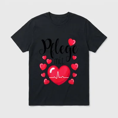 Pflege Spruch Pflege T-Shirt – Schriftzug „Pflege mit“ über großem Herz mit EKG-Linie – Klassisches T-Shirt in Schwarz