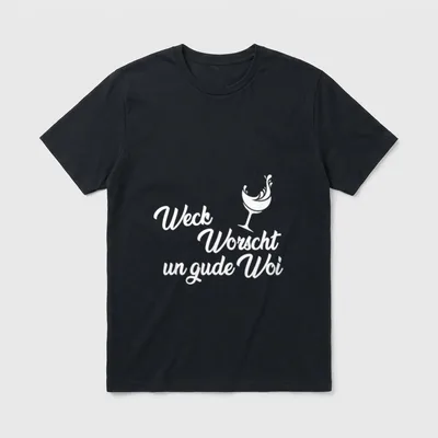 Weck Worscht Un Gude T-Shirt – Schriftzug „Weck Worscht Un Gude Woi“ mit Weinglas – Klassisches T-Shirt in Schwarz