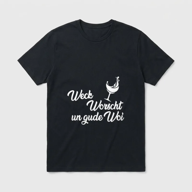 Weck Worscht Un Gude T-Shirt – Schriftzug „Weck Worscht Un Gude Woi“ mit Weinglas – Klassisches T-Shirt in Schwarz
