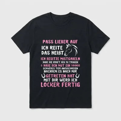 Lustiger Pferde Spruch T-Shirt – Pferdekopf mit Hufeisen und Spruch übers Reiten – Klassisches T-Shirt in Schwarz