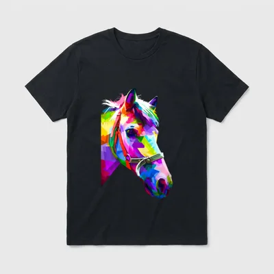 Buntes Pop Art Pferdeportrait T-Shirt – Pferdekopf in Pop-Art-Facetten, bunt, mit Halfter – Klassisches T-Shirt in Schwarz