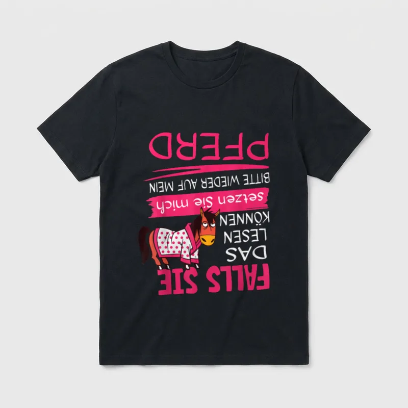 Reiter & Reiterin Lustiges T-Shirt – Umgedrehter Text und müdes Pferd im rosa Polka-Dot-Hemd – Klassisches T-Shirt in Schwarz