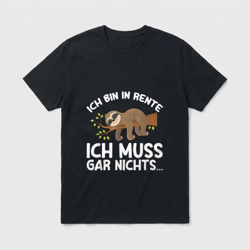 Ich Bin In Rente T-Shirt – Faultier schläft auf Ast, Spruch Ich Bin In Rente – Klassisches T-Shirt in Schwarz