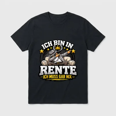 Stolzer Rentner T-Shirt – Ich bin in Rente ich muss gar nix Text mit Dab-Figur und Krone – Klassisches T-Shirt in Schwarz