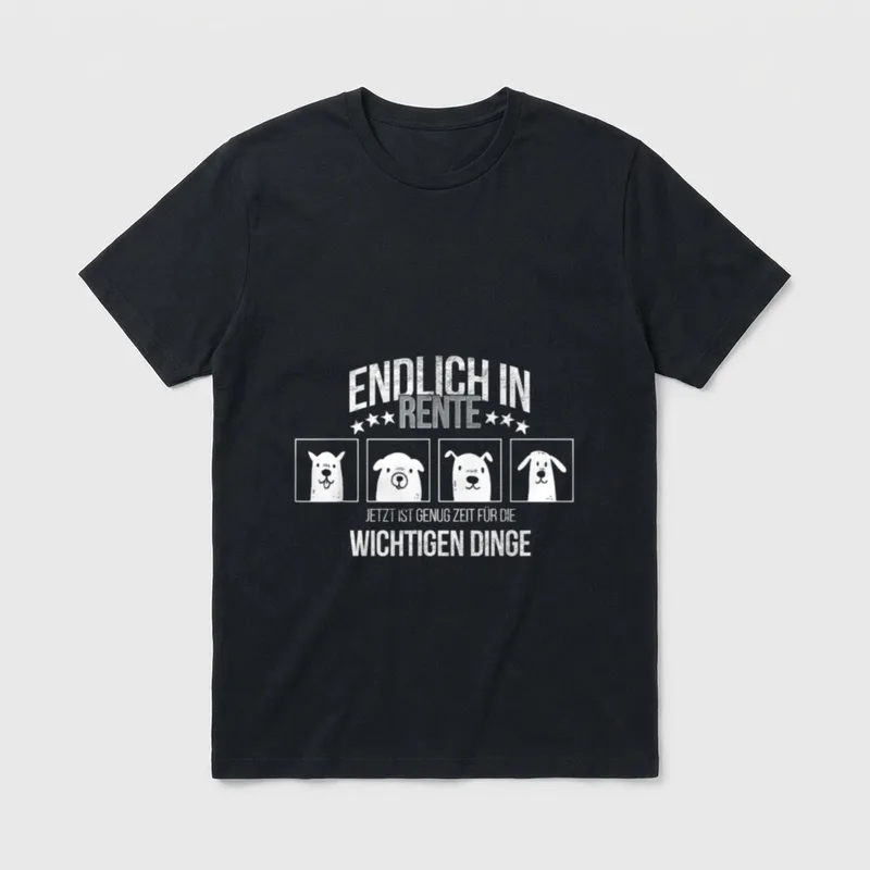 Ruhestand Zeit für Hunde T-Shirt – „Endlich in Rente“ mit vier Hundeköpfen und Rentenspruch – Klassisches T-Shirt in Schwarz