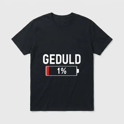 Geduld 1% Lustiges Spruch T-Shirt – Batteriesymbol mit GEDULD 1% Text in Weiß und Rot – Klassisches T-Shirt in Schwarz