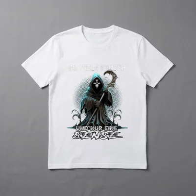 Ironie Reaper T-Shirt – Reaper mit Kapuze hält verzierte Sense unter Text So viele Idioten – Klassisches T-Shirt in Schwarz