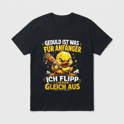 Geduld ist was T-Shirt – Wütende Ente mit Baseballschläger, Spruch zu Geduld und Ausflippen – Klassisches T-Shirt in Schwarz