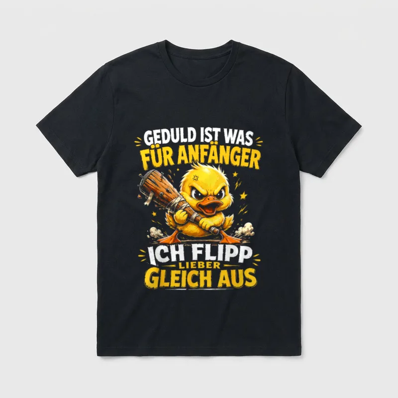 Geduld ist was T-Shirt – Wütende Ente mit Baseballschläger, Spruch zu Geduld und Ausflippen – Klassisches T-Shirt in Schwarz