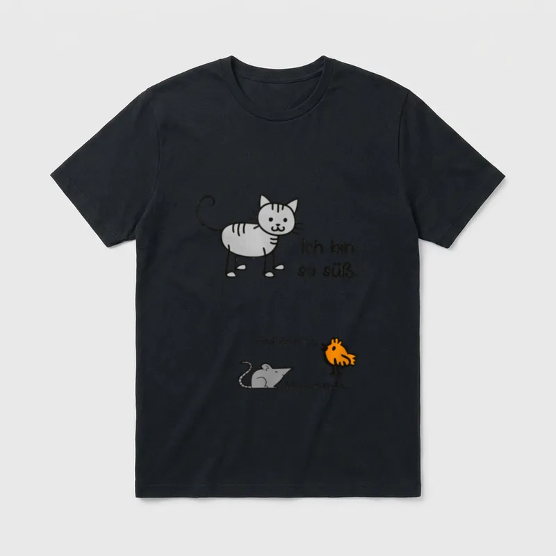 Ich bin so süß T-Shirt – Katze sagt „Ich bin so süß“, Maus und Vogel widersprechen – Klassisches T-Shirt in Schwarz