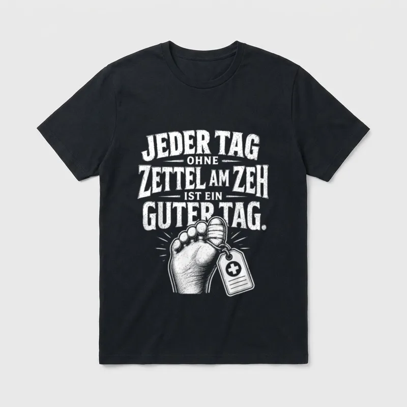 Zettel am Zeh Spruch T-Shirt – Fuß mit Zehenanhänger und Spruch über einen guten Tag – Klassisches T-Shirt in Schwarz