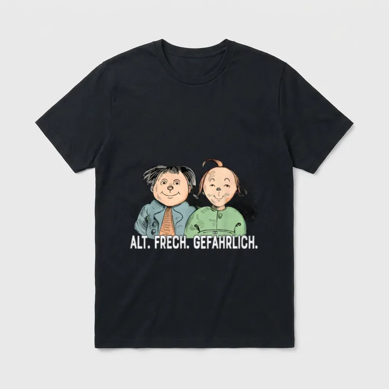 Max & und Moritz T-Shirt – Zwei Lausbuben-Köpfe, Spruch ALT. FRECH. GEFÄHRLICH – Klassisches T-Shirt in Schwarz