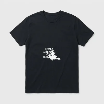 Hexen altern nicht Sarkasmus T-Shirt – Schriftzug „Hexen altern nicht“ neben Hexe auf Besen – Klassisches T-Shirt in Schwarz