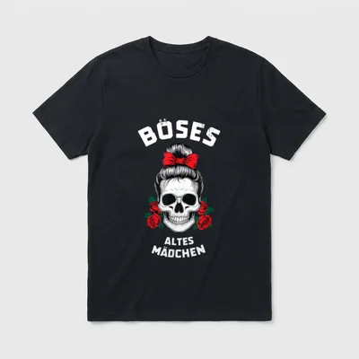 Böses altes Mädchen Rose Skull T-Shirt – Totenkopf mit Dutt, roter Schleife und Rosen – Klassisches T-Shirt in Schwarz
