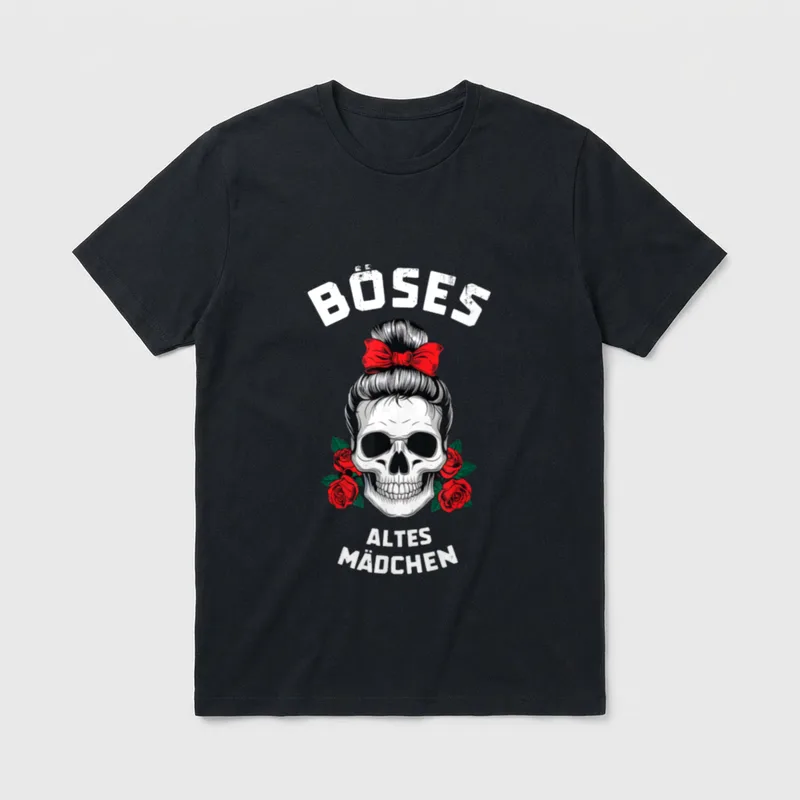Böses altes Mädchen Rose Skull T-Shirt – Totenkopf mit Dutt, roter Schleife und Rosen – Klassisches T-Shirt in Schwarz