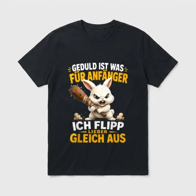 Geduld ist was für Anfänger T-Shirt – Wütender Hase mit Dornenkeule, Spruch zur Ungeduld – Klassisches T-Shirt in Schwarz