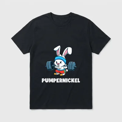 Gym Fitness T-Shirt – Muskulöser Hase hebt Hantel, Schriftzug „Pumpernickel“ – Klassisches T-Shirt in Schwarz