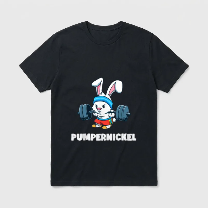 Gym Fitness T-Shirt – Muskulöser Hase hebt Hantel, Schriftzug „Pumpernickel“ – Klassisches T-Shirt in Schwarz