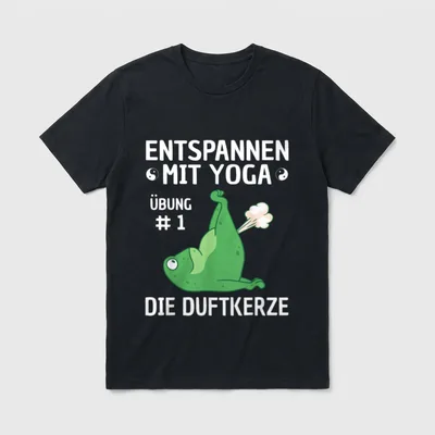 Fitness Shirt Damen – Frosch in Yogapose, Schriftzug „Entspannen Mit Yoga – Die Duftkerze“ – Klassisches T-Shirt in Schwarz