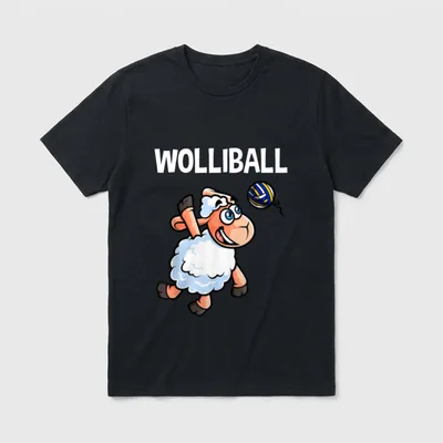 Volleyball Sport T-Shirt – Cartoon Schaf spielt Volleyball unter dem Schriftzug Wolliball – Klassisches T-Shirt in Schwarz